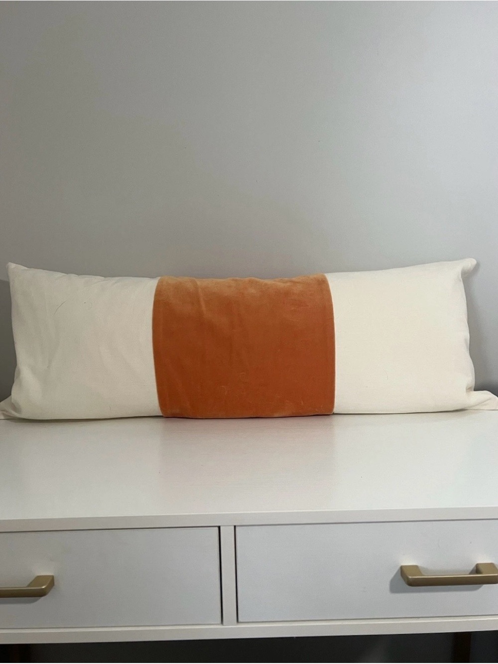 Cream and Orange Velvet Lumbar Accent Pillow by Laura Park 14x36 Inch